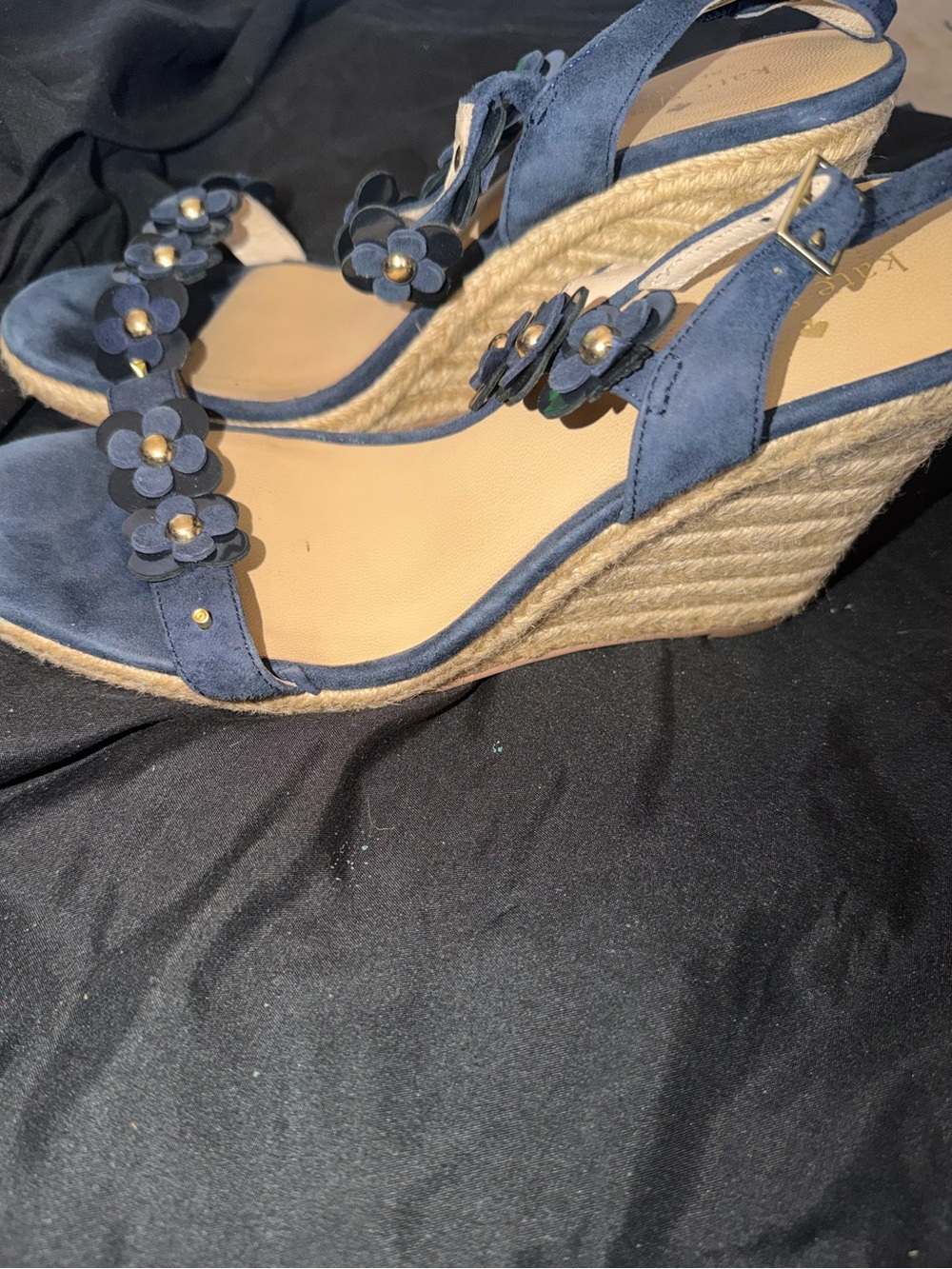 Kate Spade New York Blue Suede Wedge Espadrille Ankle Strap Floral 7.5 Sandal